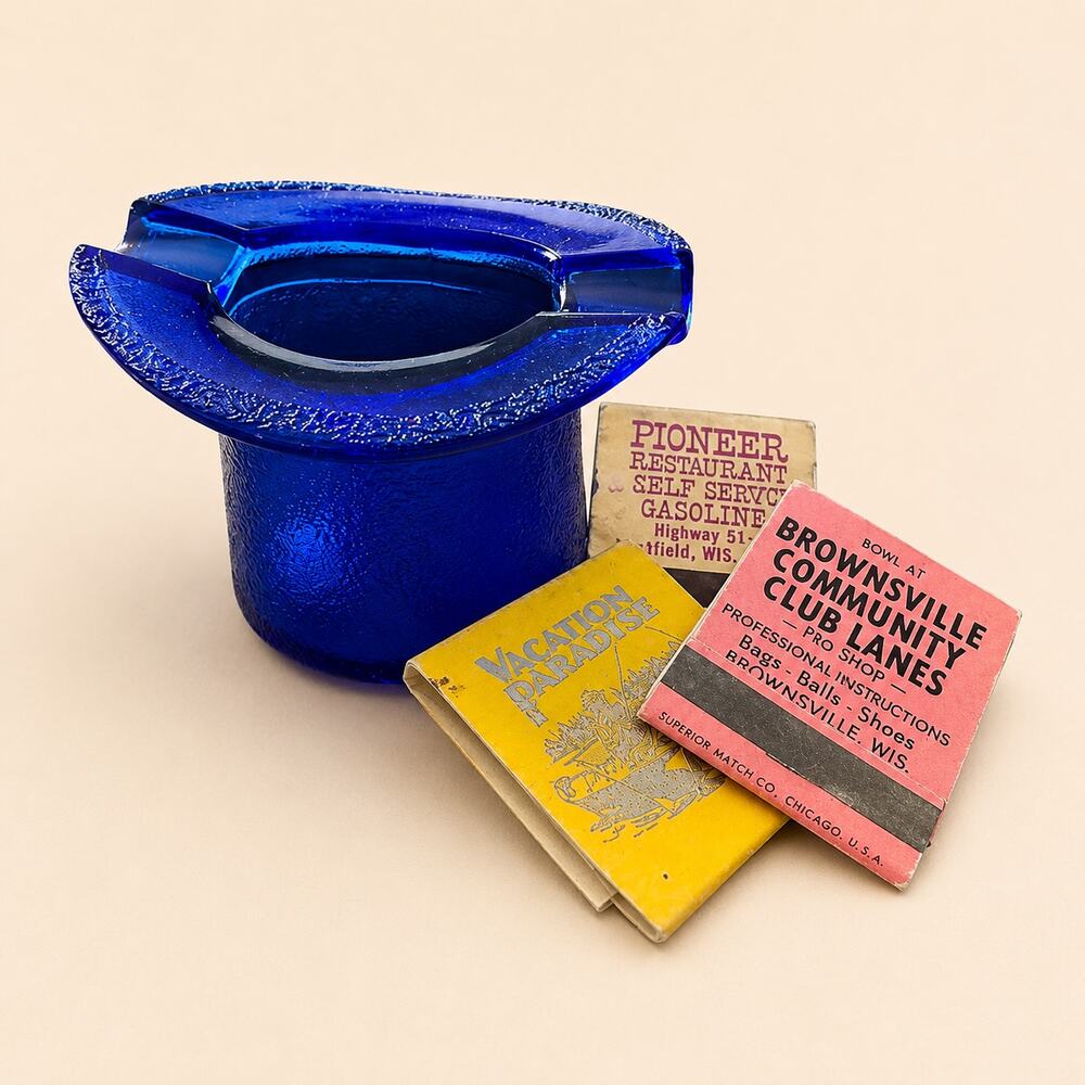 Cobalt Blue Glass Top Hat Ashtray 3 Advertising Matchbooks Vintage MCM